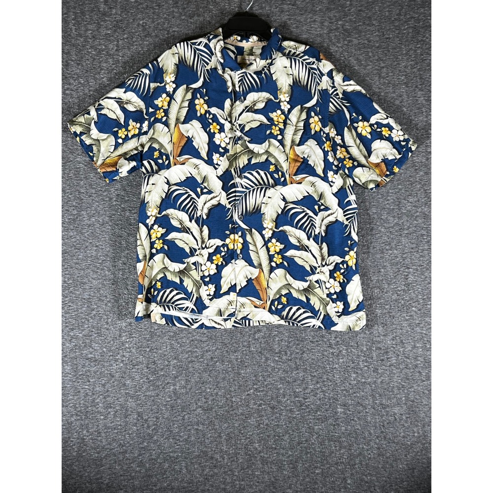 Tommy Bahama Mens‎ XL Original Fit Silk Tropical Leaf Floral Aloha Shirt Blue